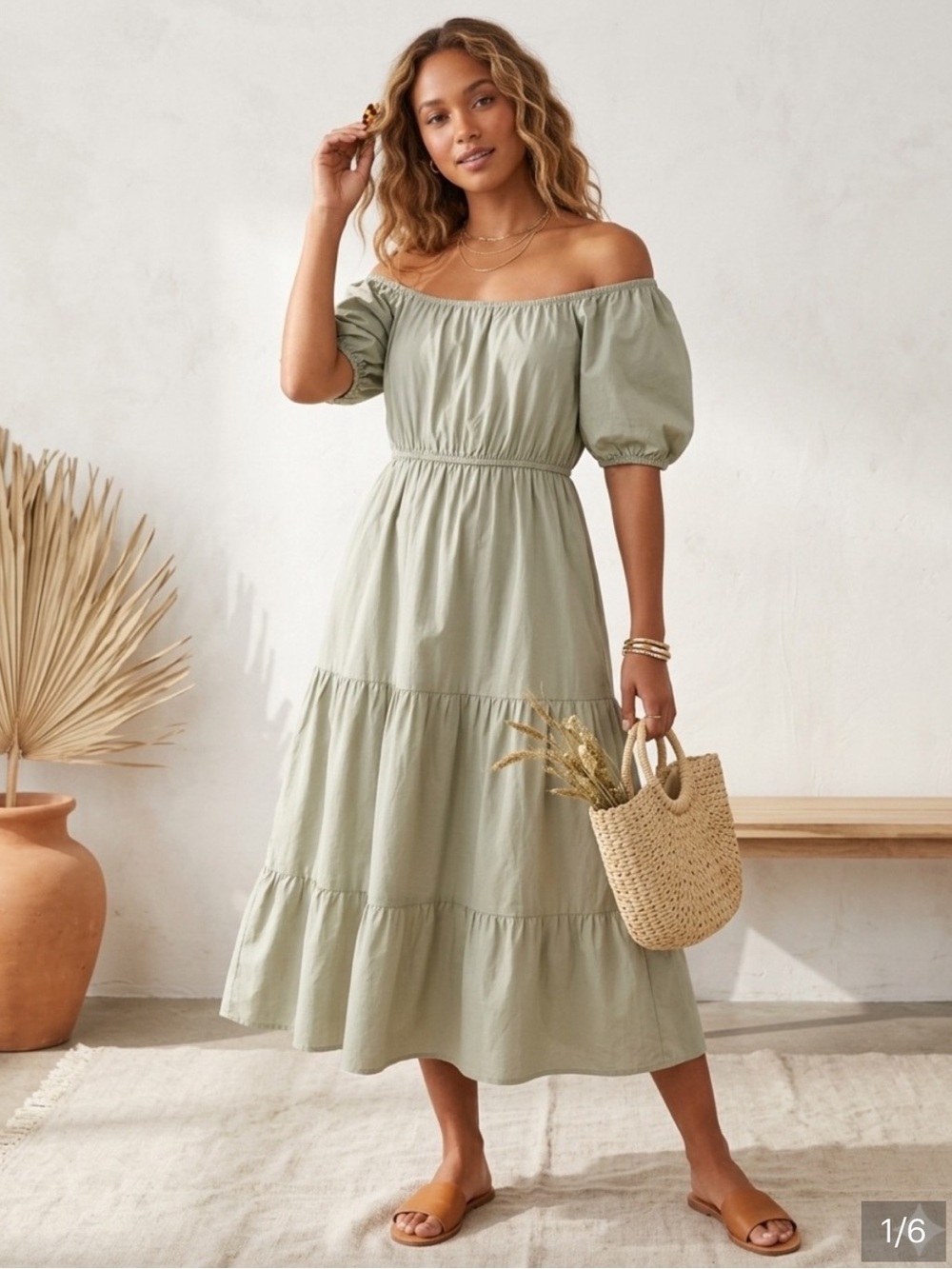 Sim & Sam Puff-Sleeve Tiered Maxi Dress Square Neck Cottage Boho Peasant Cotton